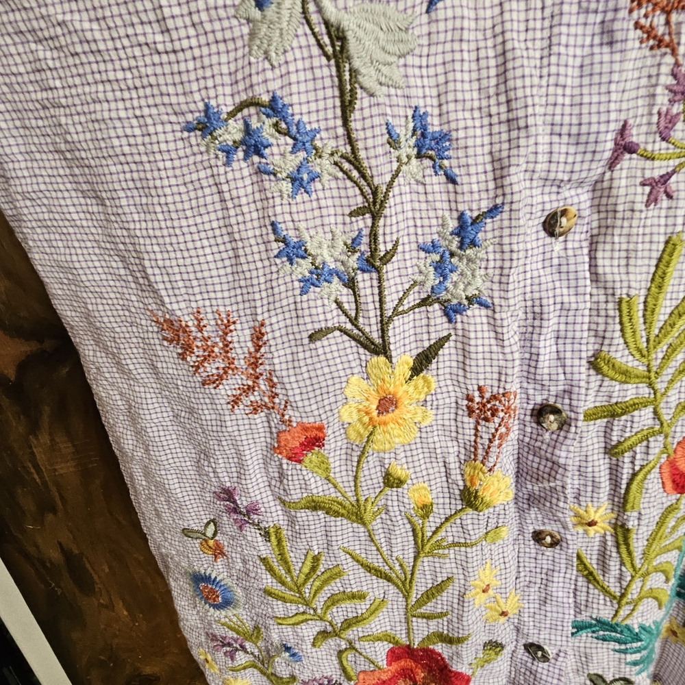 Johnny Was Purple Floral Embroidered Button Down Shirt - Picture 4 of 8